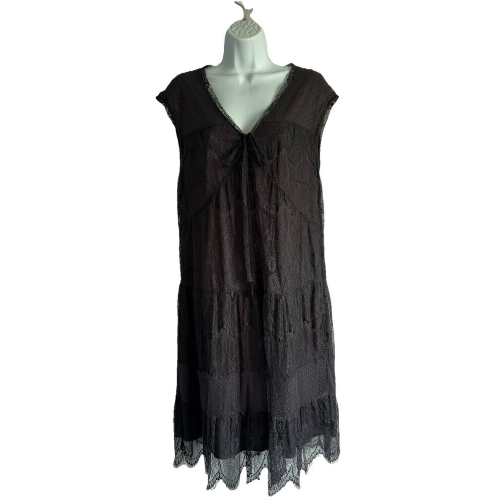 Garnet Hill Black Lace Tiered Dress Size Large Sleeveless Lined Tie Front